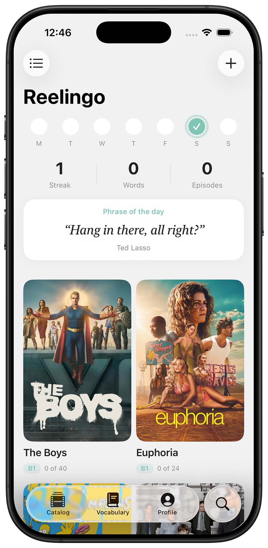 Reelingo home screen with streak, phrase of the day, and shows you follow.