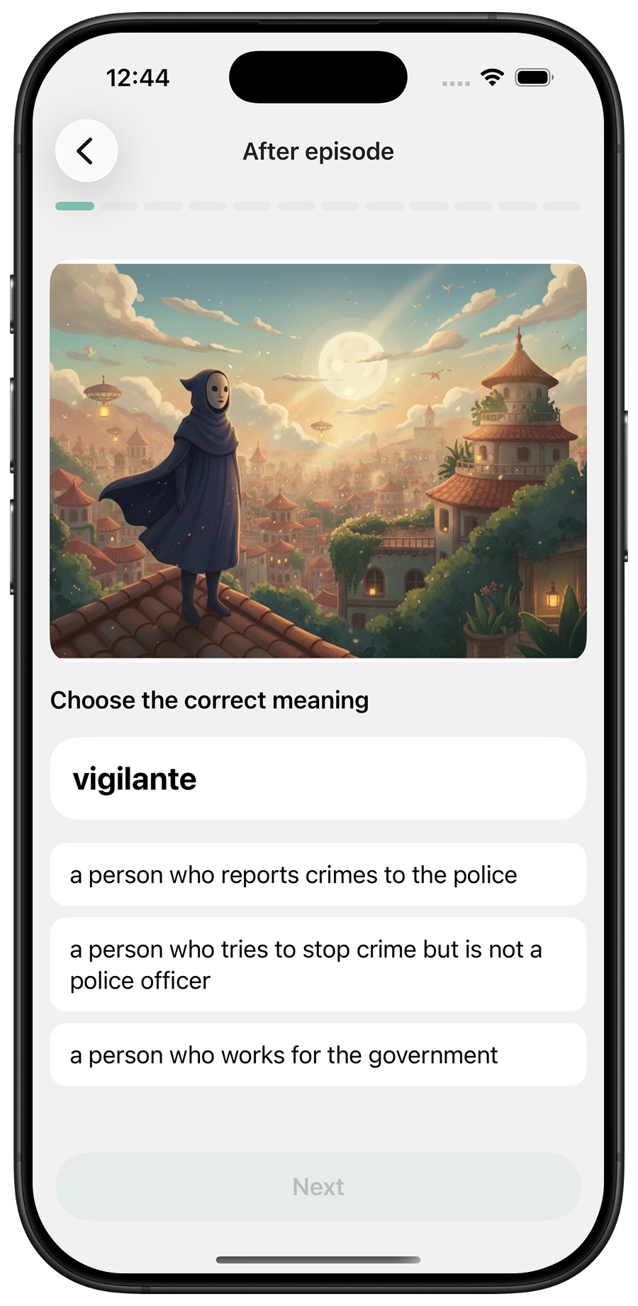 Multiple-choice quiz asking for the meaning of vigilante after the episode.