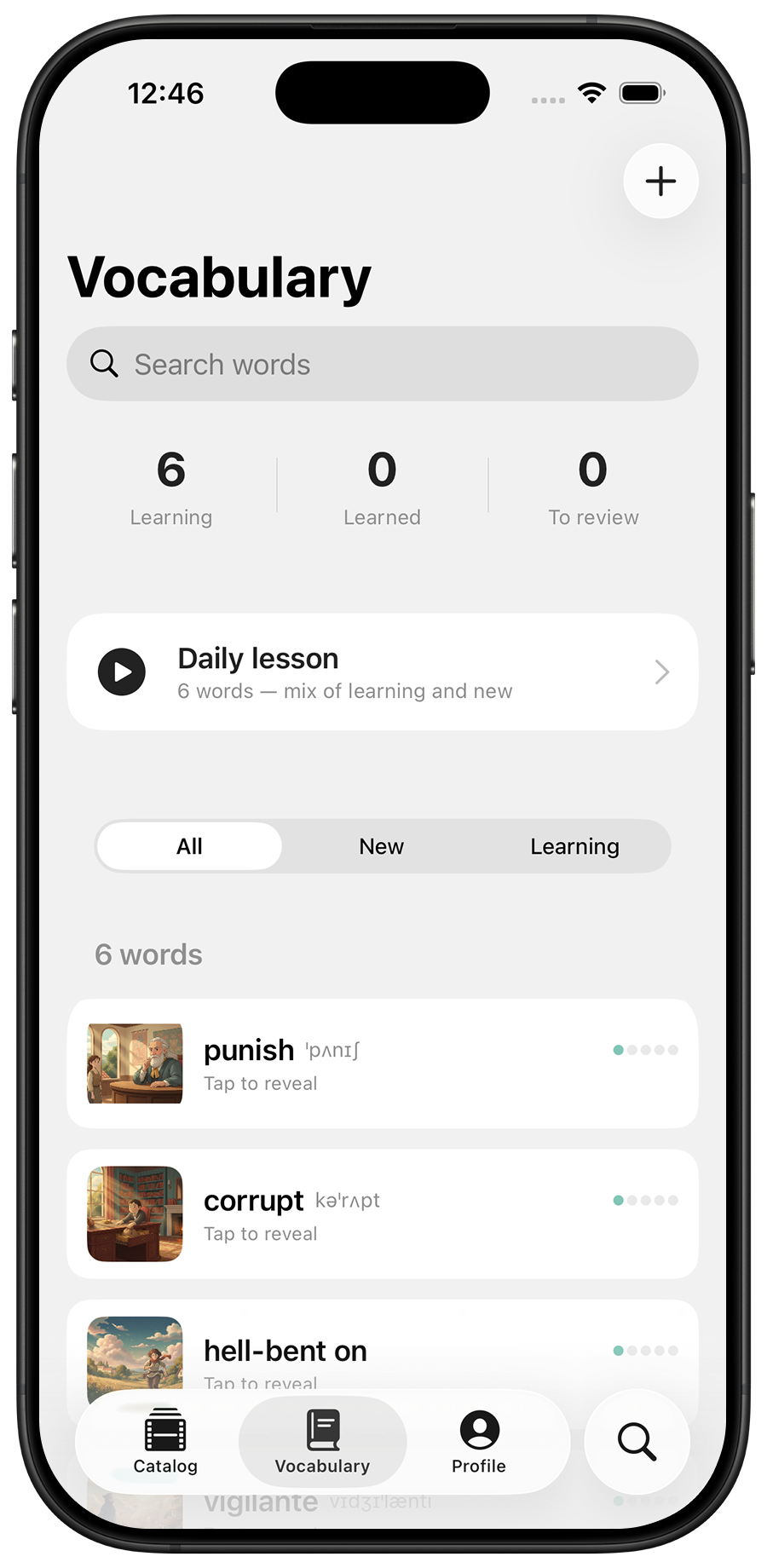 Vocabulary tab with personal word list, daily lesson card, and segmented filters.